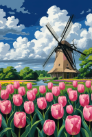 Holandský větrný mlýn s tulipánovým polem