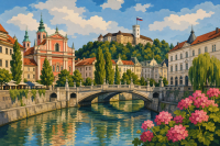 Břehy řeky v Lublani s květinami